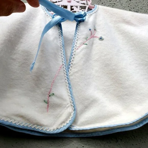 Vintage Baby Cape White Flannel with Blue Ribbon Trim Hand Embroidery - Picture 8 of 9